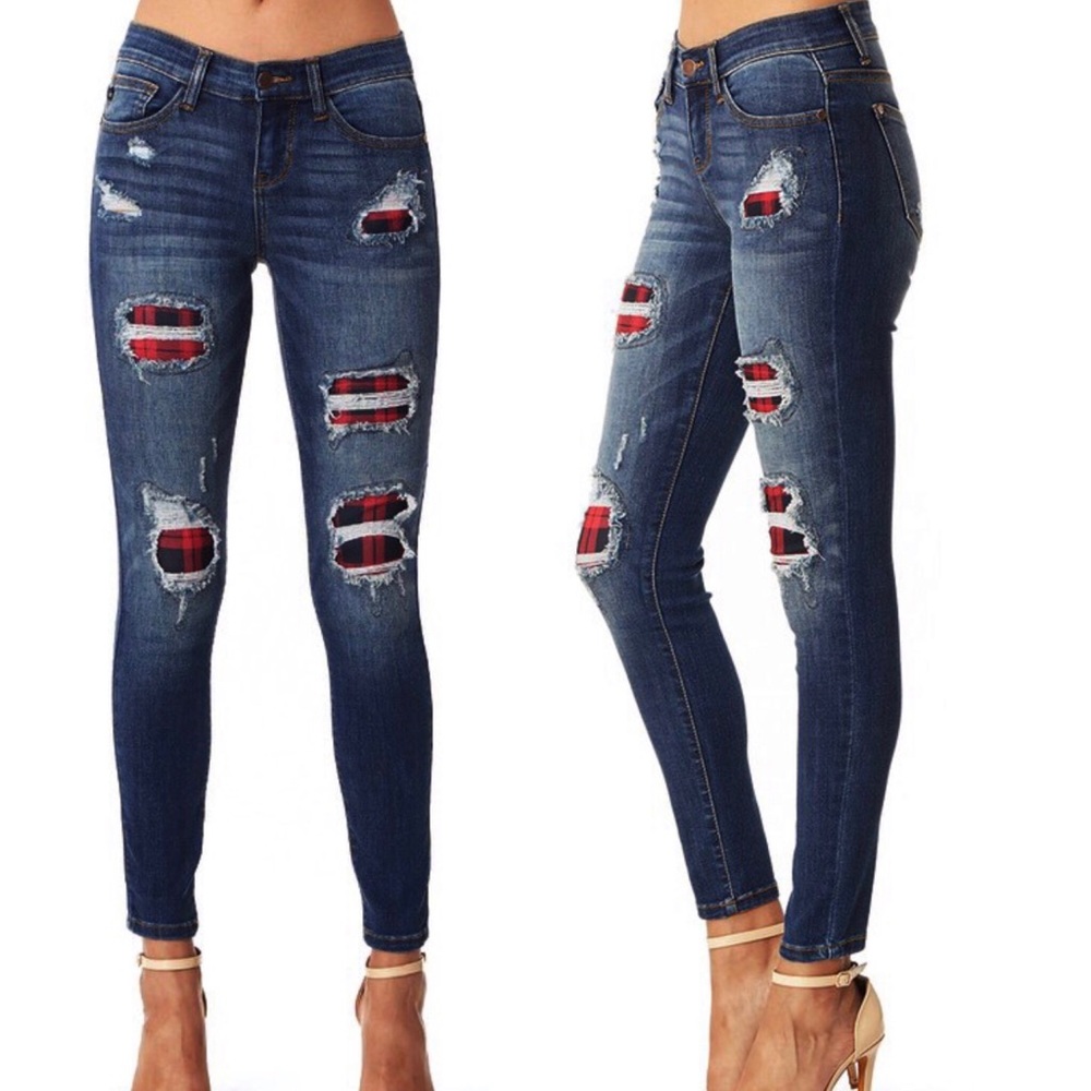 Buffalo plaid patch distressed jeans